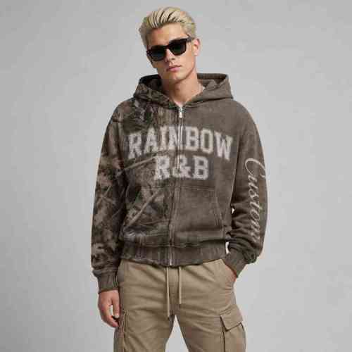 Custom Men's Camo-Panel Screen Print Hoodie Cotton Blend 450g