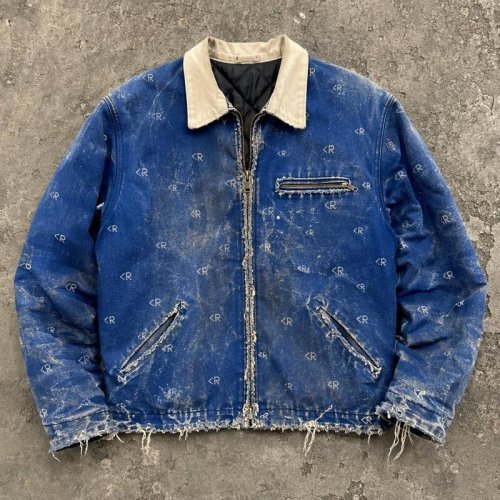 Distressed Washed Dot-pattern hot-fix rhinestones Canvas Jacket | Raw Fray Edge with abrade | Streetwear Manufacturer