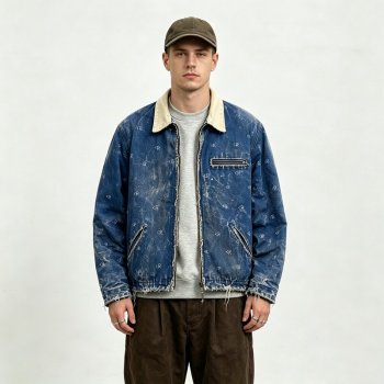 Distressed Washed Dot-pattern hot-fix rhinestones Canvas Jacket | Raw Fray Edge with abrade | Streetwear Manufacturer