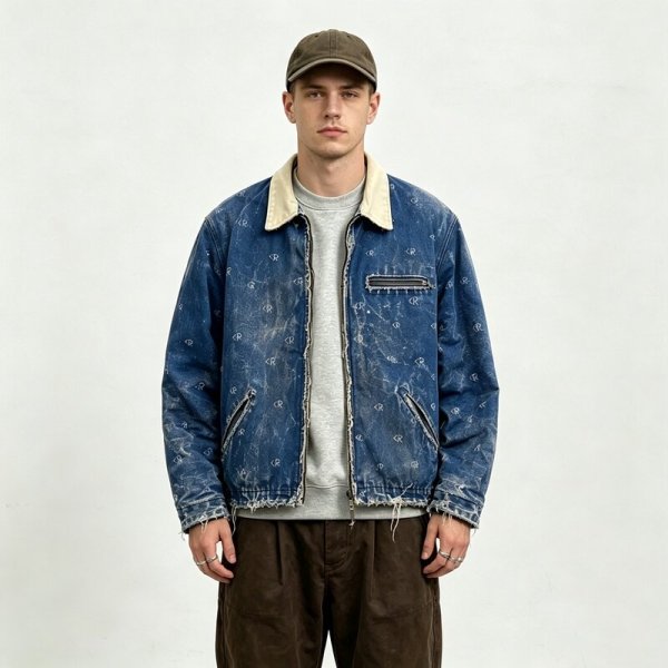 Distressed Washed Dot-pattern hot-fix rhinestones Canvas Jacket | Raw Fray Edge with abrade | Streetwear Manufacturer