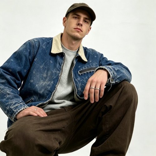 Distressed Washed Dot-pattern hot-fix rhinestones Canvas Jacket | Raw Fray Edge with abrade | Streetwear Manufacturer