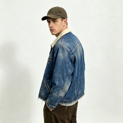 Distressed Washed Dot-pattern hot-fix rhinestones Canvas Jacket | Raw Fray Edge with abrade | Streetwear Manufacturer