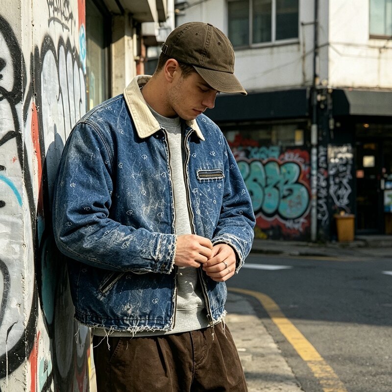 Distressed Washed Dot-pattern hot-fix rhinestones Canvas Jacket