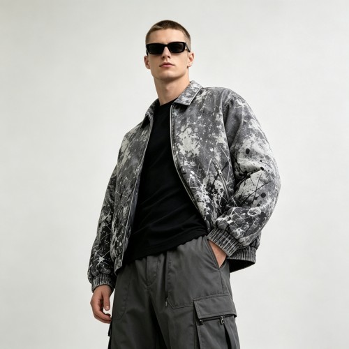 Washed Black White Splash Ink Canvas Jacket | Elastic Rib Hem Dual Zip Pockets | OEM Streetwear