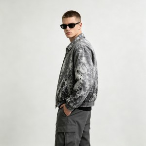 Washed Black White Splash Ink Canvas Jacket | Elastic Rib Hem Dual Zip Pockets | OEM Streetwear
