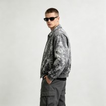 Washed Black White Splash Ink Canvas Jacket | Elastic Rib Hem Dual Zip Pockets | OEM Streetwear