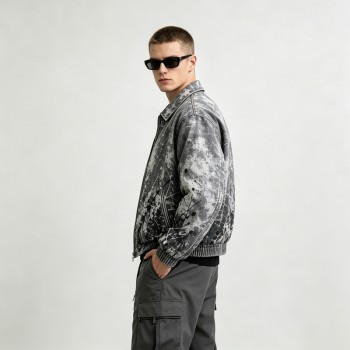 Washed Black White Splash Ink Canvas Jacket | Elastic Rib Hem Dual Zip Pockets | OEM Streetwear