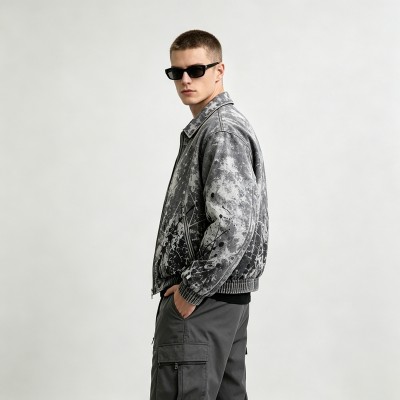 Washed Black White Splash Ink Canvas Jacket | Elastic Rib Hem Dual Zip Pockets | OEM Streetwear