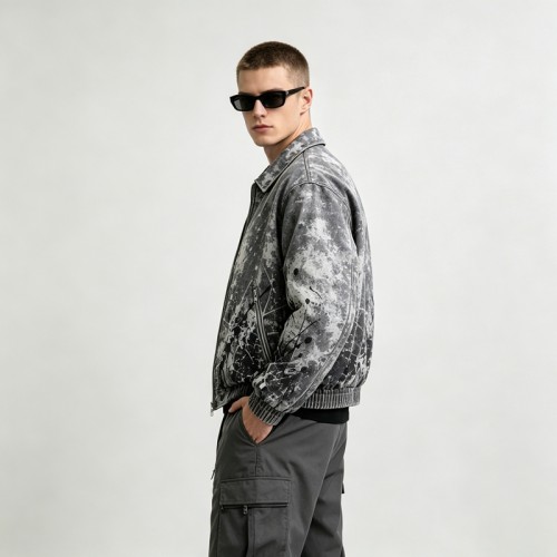 Washed Black White Splash Ink Canvas Jacket | Elastic Rib Hem Dual Zip Pockets | OEM Streetwear