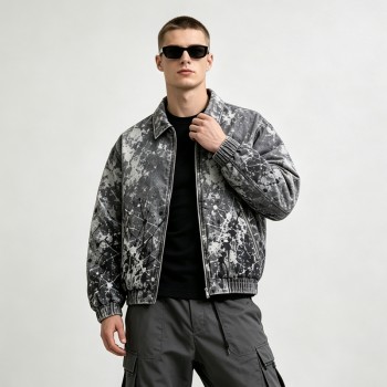 Washed Black White Splash Ink Canvas Jacket | Elastic Rib Hem Dual Zip Pockets | OEM Streetwear