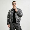 Washed Black White Splash Ink Canvas Jacket | Elastic Rib Hem Dual Zip Pockets | OEM Streetwear
