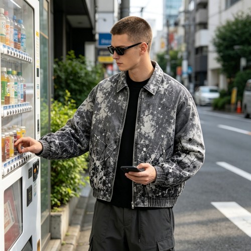 Washed Black White Splash Ink Canvas Jacket | Elastic Rib Hem Dual Zip Pockets | OEM Streetwear
