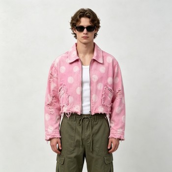 Washed Polka Dot DTG Print Distressed Cropped Canvas Jacket | Abrade Edge Full Zip Design | Custom Streetwear