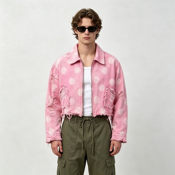 Washed Polka Dot DTG Print Distressed Cropped Canvas Jacket | Abrade Edge Full Zip Design | Custom Streetwear