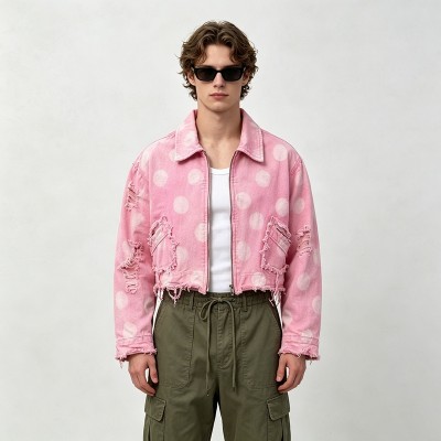 Washed Polka Dot DTG Print Distressed Cropped Canvas Jacket | Abrade Edge Full Zip Design | Custom Streetwear