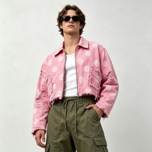 Washed Polka Dot DTG Print Distressed Cropped Canvas Jacket | Abrade Edge Full Zip Design | Custom Streetwear