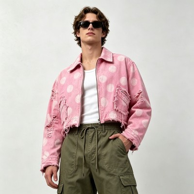 Washed Polka Dot DTG Print Distressed Cropped Canvas Jacket | Abrade Edge Full Zip Design | Custom Streetwear