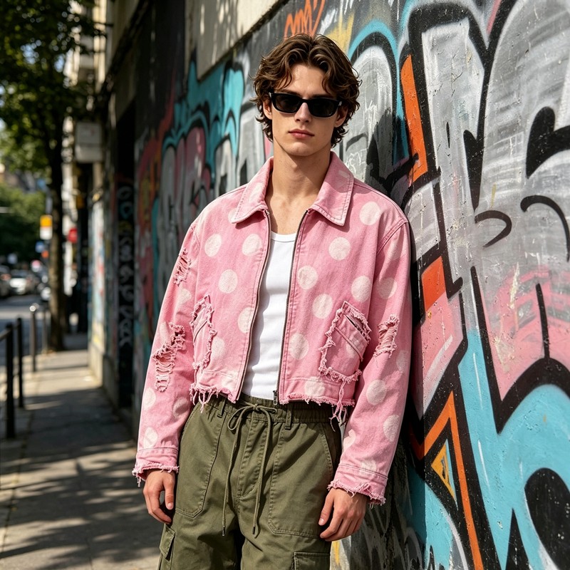 Washed Polka Dot DTG Print Distressed Cropped Canvas Jacket