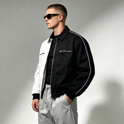 Black White Color Block Canvas Jacket | Heavy Cotton Twill Rib Cuff | Custom Streetwear Manufacturer