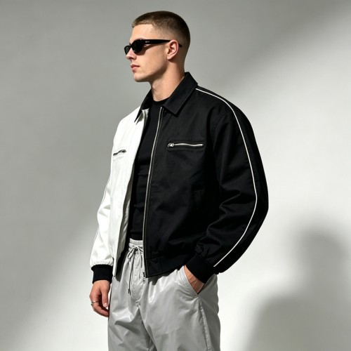 Black White Color Block Canvas Jacket | Heavy Cotton Twill Rib Cuff | Custom Streetwear Manufacturer