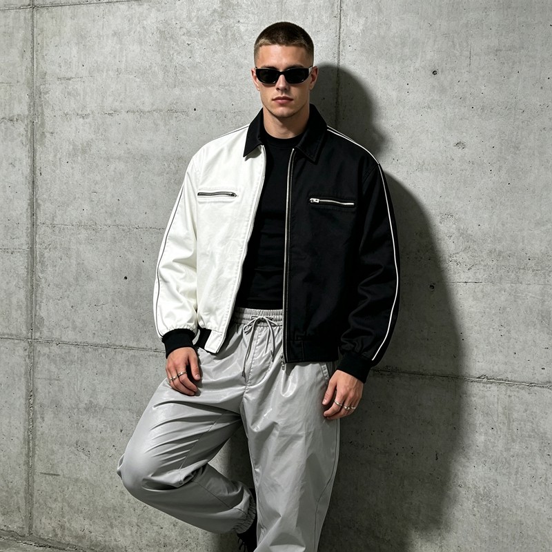 Black White Color Block Canvas Jacket