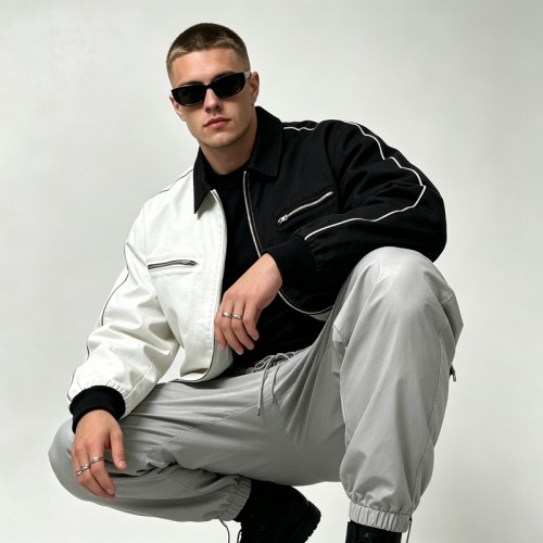 Black White Color Block Canvas Jacket | Heavy Cotton Twill Rib Cuff | Custom Streetwear Manufacturer