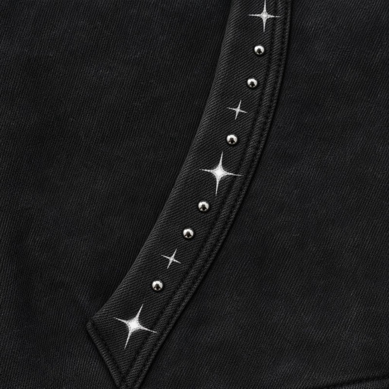 Rivet Screen Print Applique Rhinestone Washed Zip Hoodie