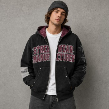 Rivet Screen Print Applique Rhinestone Washed Zip Hoodie | Leopard Lined Star Web Graphic | Streetwear Manufacturer
