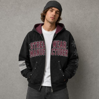 Rivet Screen Print Applique Rhinestone Washed Zip Hoodie | Leopard Lined Star Web Graphic | Streetwear Manufacturer