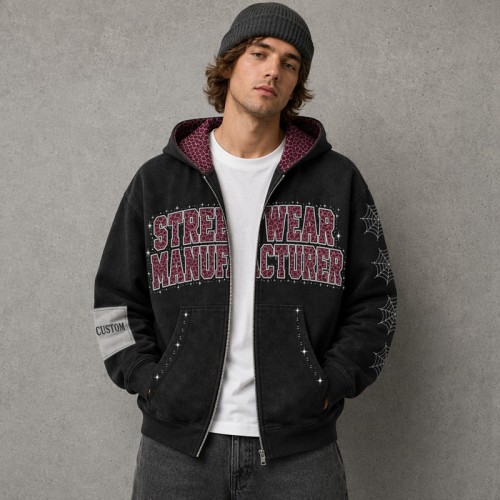 Rivet Screen Print Applique Rhinestone Washed Zip Hoodie | Leopard Lined Star Web Graphic | Streetwear Manufacturer