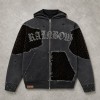 Vintage Washed Applique Leopard Patch Zip Hoodie with Woven Label | Hotfix Rhinestone Detail | OEM Streetwear