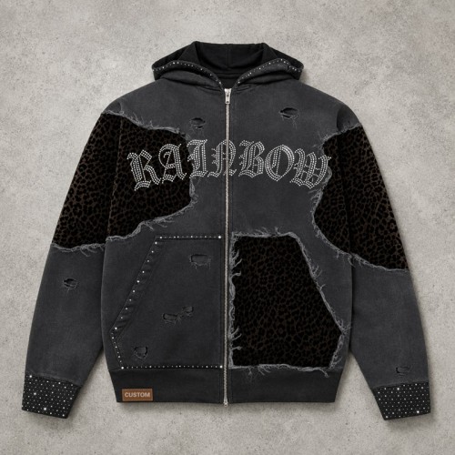 Vintage Washed Applique Leopard Patch Zip Hoodie with Woven Label | Hotfix Rhinestone Detail | OEM Streetwear