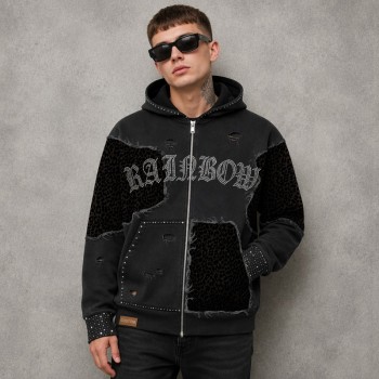 Vintage Washed Applique Leopard Patch Zip Hoodie with Woven Label | Hotfix Rhinestone Detail | OEM Streetwear