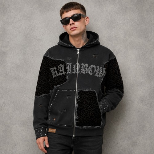 Vintage Washed Applique Leopard Patch Zip Hoodie with Woven Label | Hotfix Rhinestone Detail | OEM Streetwear