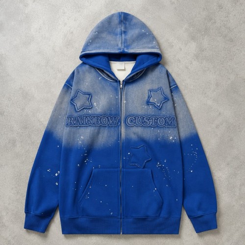 Gradient Washed DTG Print Star Applique Zip Hoodie | Daily Street Casual Wear | Custom Streetwear