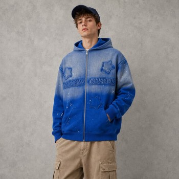 Gradient Washed DTG Print Star Applique Zip Hoodie | Daily Street Casual Wear | Custom Streetwear