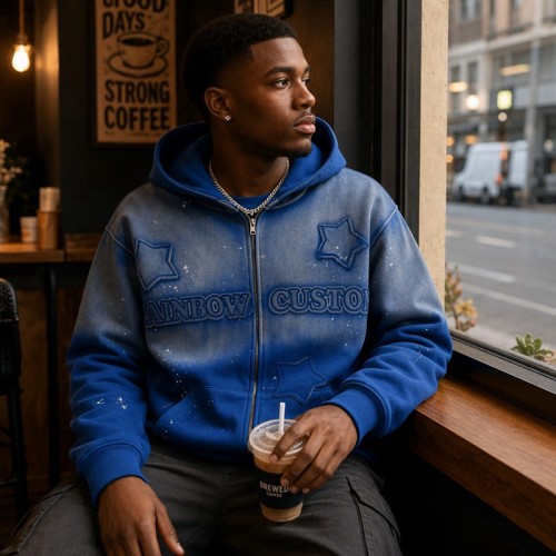 Gradient Washed DTG Print Star Applique Zip Hoodie | Daily Street Casual Wear | Custom Streetwear