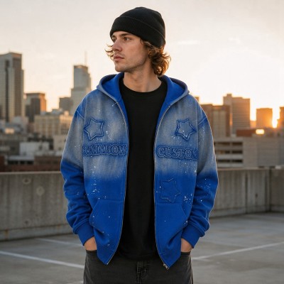 Gradient Washed DTG Print Star Applique Zip Hoodie | Daily Street Casual Wear | Custom Streetwear
