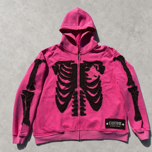 Skeleton Applique Embroidery with Woven Label Zip Hoodie | Pink Raw Fray Edge Rhinestone Decor | Clothing Manufacturer