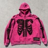 Skeleton Applique Embroidery with Woven Label Zip Hoodie | Pink Raw Fray Edge Rhinestone Decor | Clothing Manufacturer