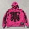 Skeleton Applique Embroidery with Woven Label Zip Hoodie | Pink Raw Fray Edge Rhinestone Decor | Clothing Manufacturer