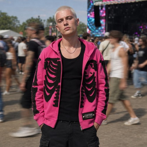 Skeleton Applique Embroidery with Woven Label Zip Hoodie | Pink Raw Fray Edge Rhinestone Decor | Clothing Manufacturer