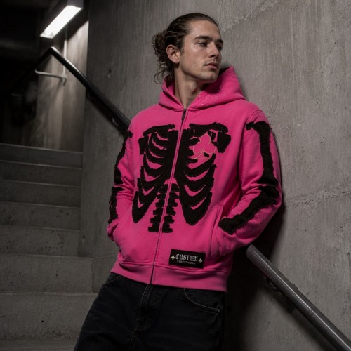 Skeleton Applique Embroidery with Woven Label Zip Hoodie | Pink Raw Fray Edge Rhinestone Decor | Clothing Manufacturer