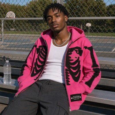 Skeleton Applique Embroidery with Woven Label Zip Hoodie | Pink Raw Fray Edge Rhinestone Decor | Clothing Manufacturer