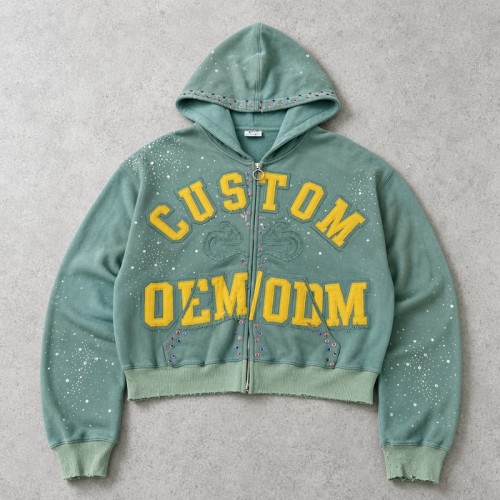 Washed Splash ink Letter Applique Cropped Zip Hoodie | Multicolor Rhinestone Decor | Custom Streetwear