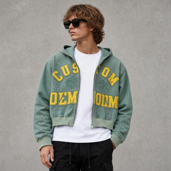 Washed Splash ink Letter Applique Cropped Zip Hoodie | Multicolor Rhinestone Decor | Custom Streetwear