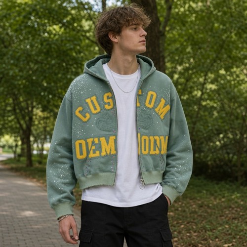 Washed Splash ink Letter Applique Cropped Zip Hoodie | Multicolor Rhinestone Decor | Custom Streetwear