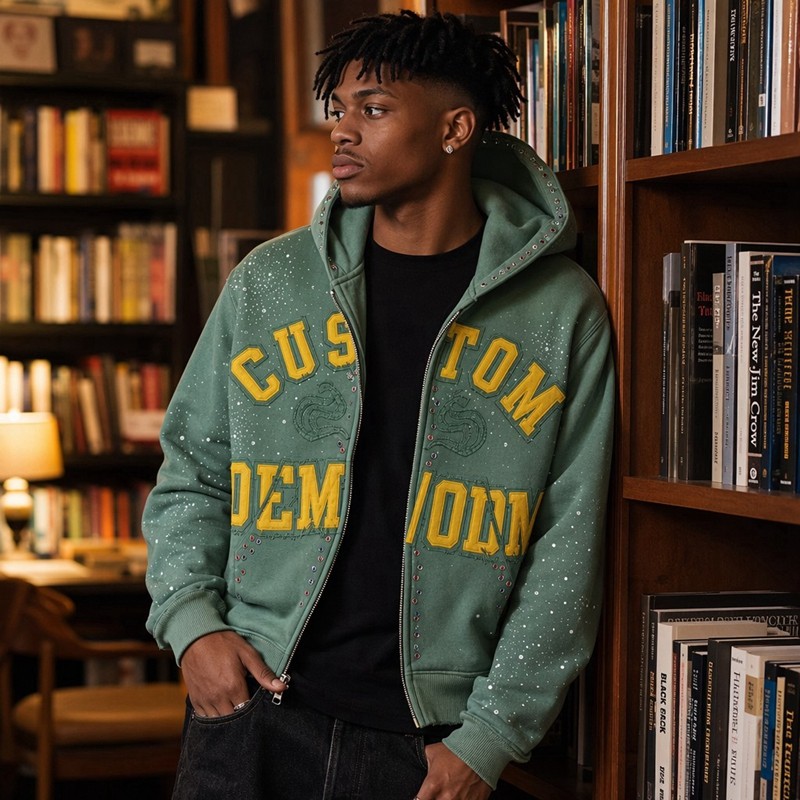 Washed Splash ink Letter Applique Cropped Zip Hoodie
