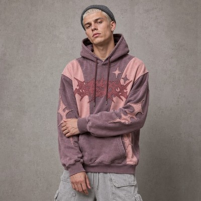 Vintage Washed Applique Color Block Oversize Hoodie | Daily Street Casual Wear | Custom Streetwear