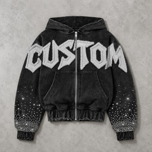 Washed Raw edge Letter Applique Zip Hoodie | Gradient Sleeve Hotfix Rhinestone | Custom Streetwear